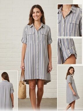 Heroes & Dreamers Women's M Blue/White Striped Shirt Dress Collared Pockets